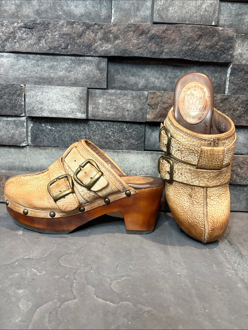 Ariat Tan Distressed Leather Buckle Clog Mules with Wood Sole